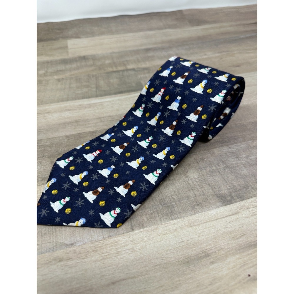 Alfanso Laporta Men's Snowman Tie 100% Silk Navy‎ Christmas Holiday 60in
